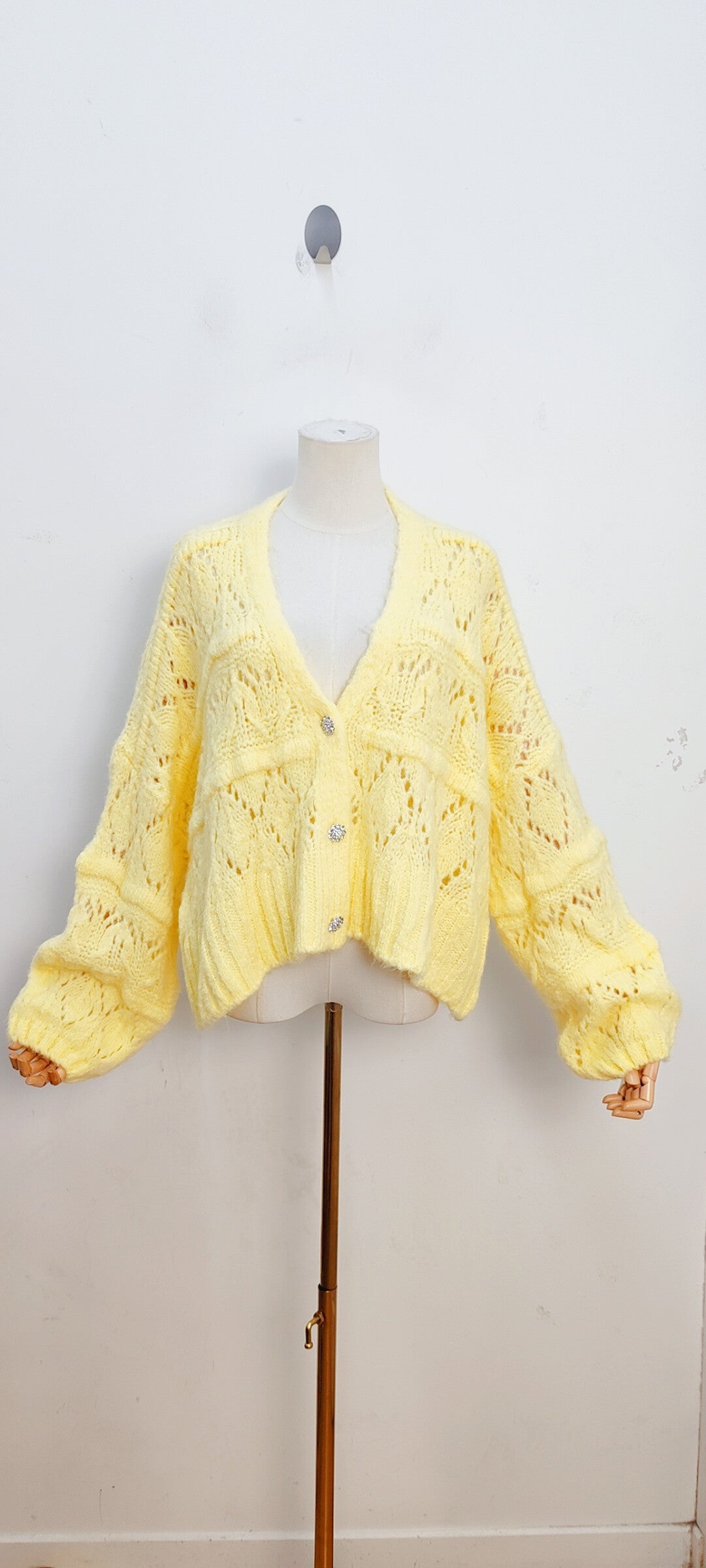 Lemon coloured short open work cardi pretty button detail