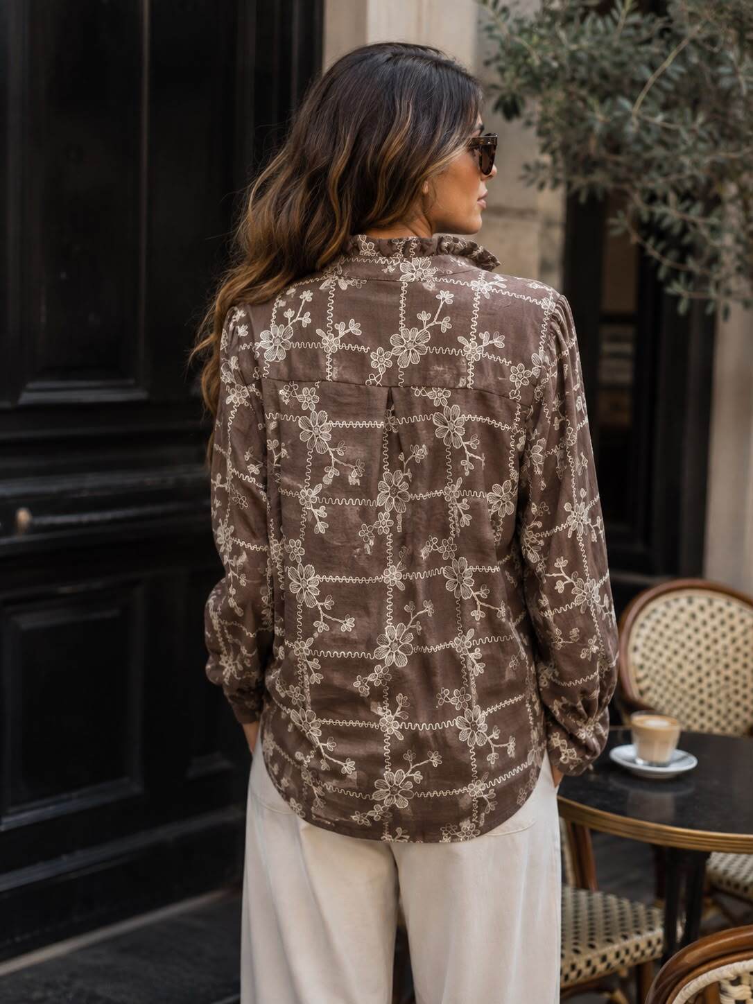 Embroideried ruffled blouse chocolate