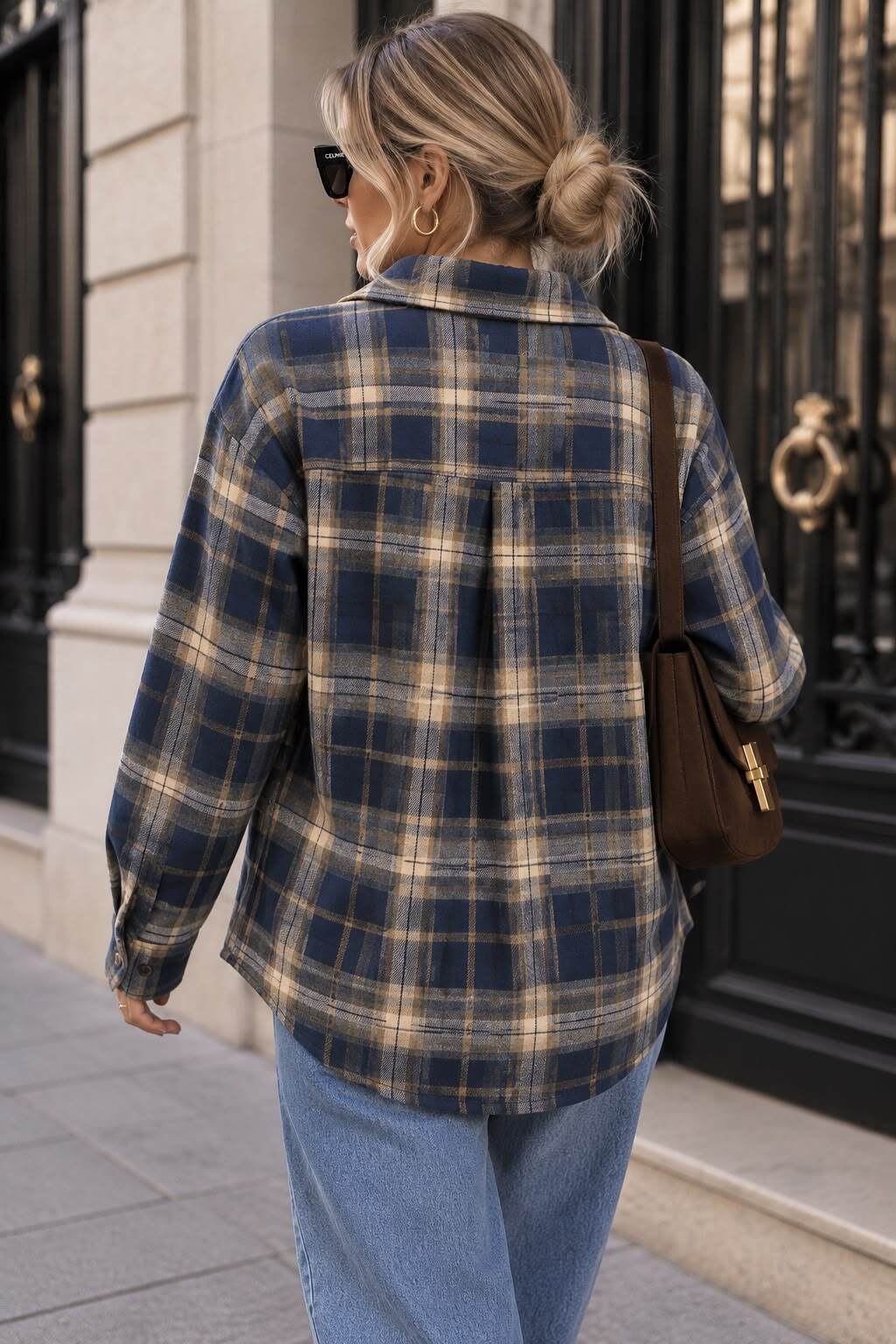 Plaid navy shirt with lace trim