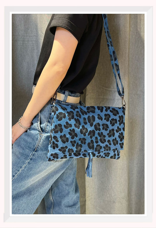 Leopard suede shoulder bag - Blue
