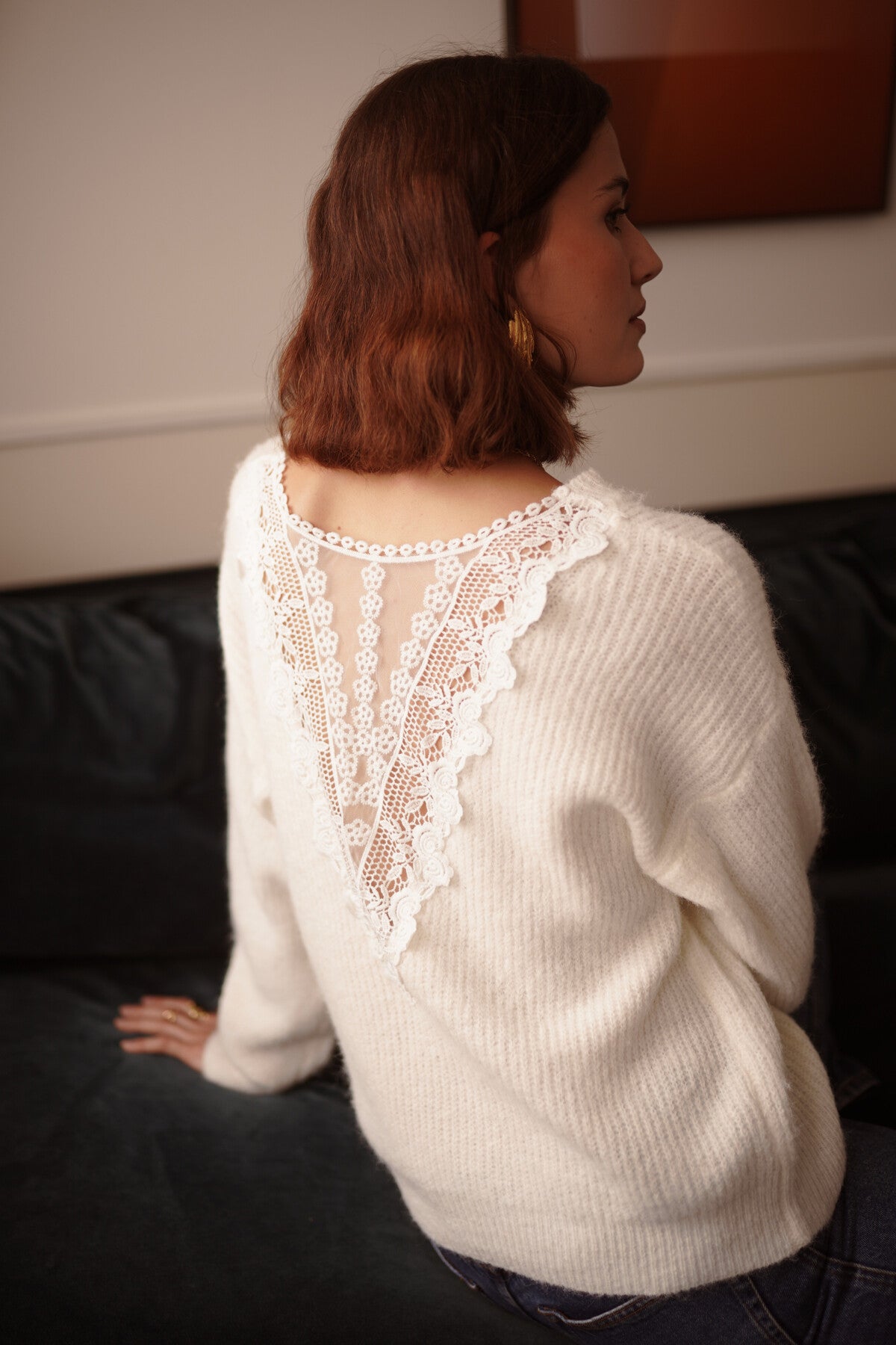 Ecru Sweater with Lace Back Bohemian Style