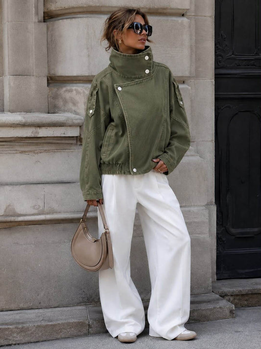 Khaki denim biker jacket