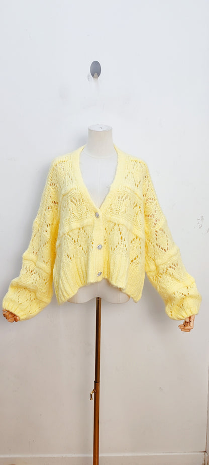 Lemon coloured short open work cardi pretty button detail 