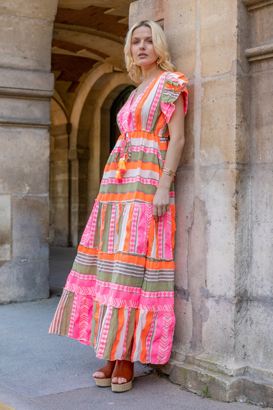 Aztec maxi fitted flattering cinched at waist 
