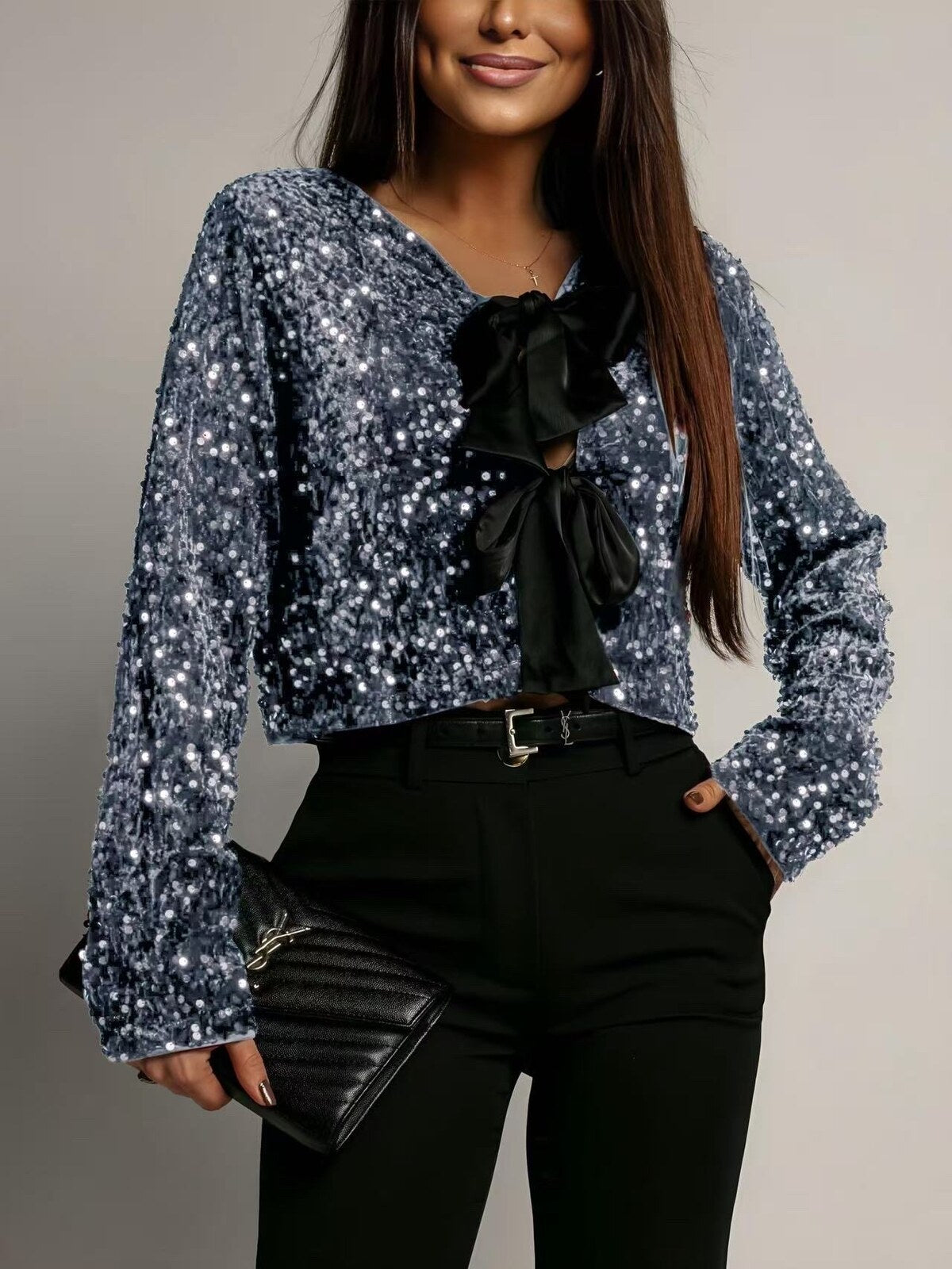 Grey Sequined Bow Top