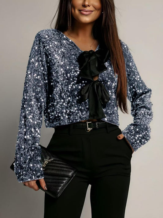Grey Sequined Bow Top