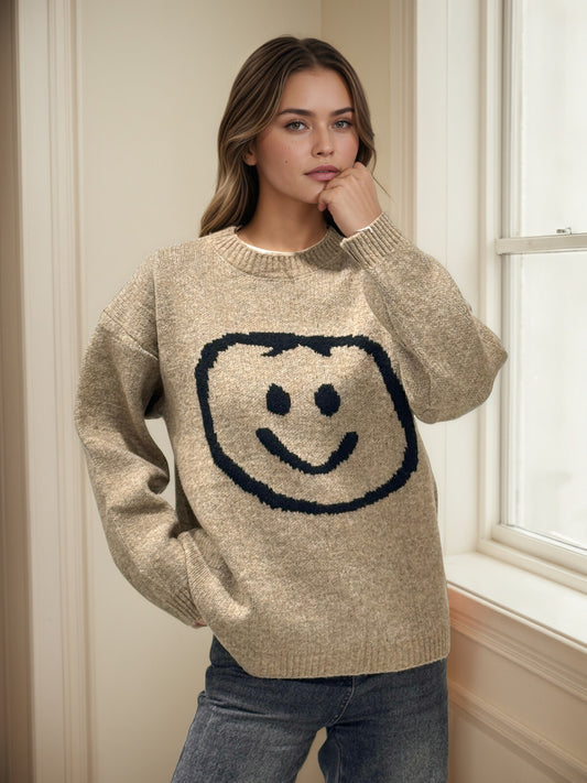 Beige wool sweatshirt with smiley face outline in black