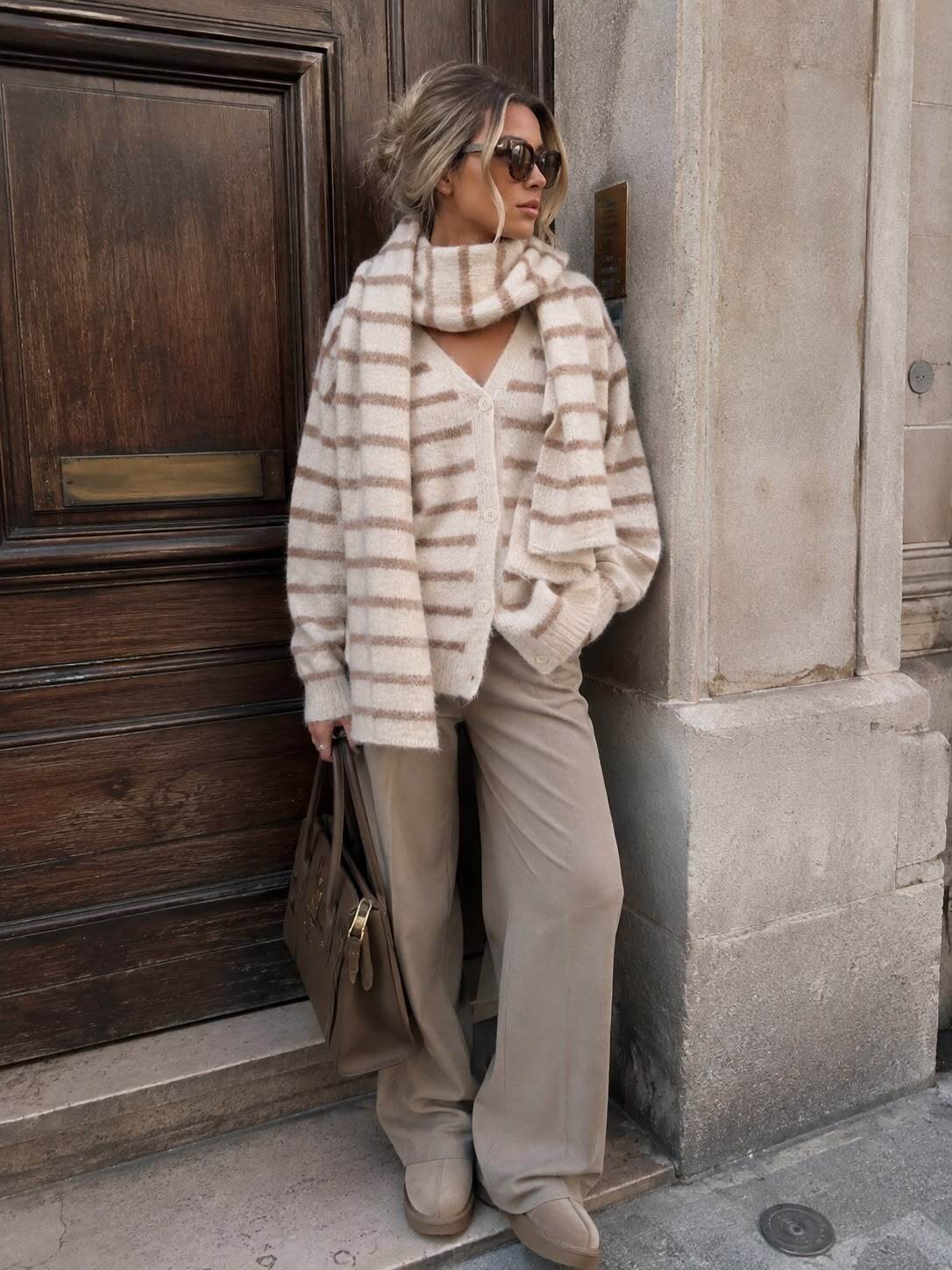 Oversized cardi with scarf Beige