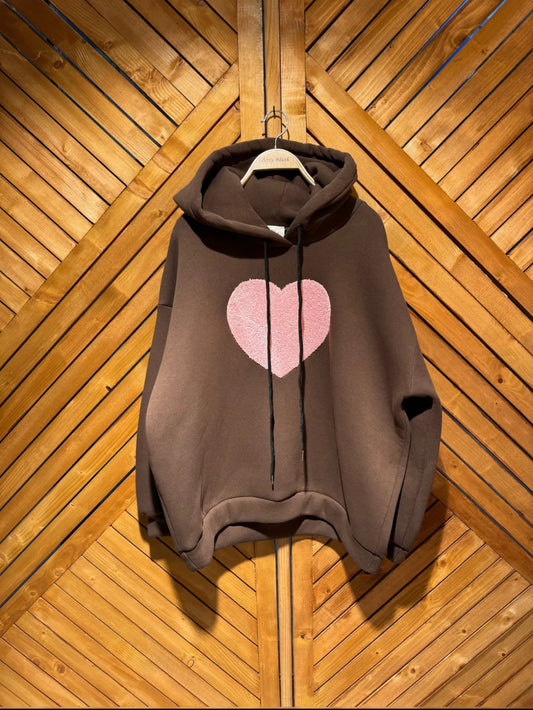 Chocolate brown hoody with pink heart motif! Perfect comfy style 