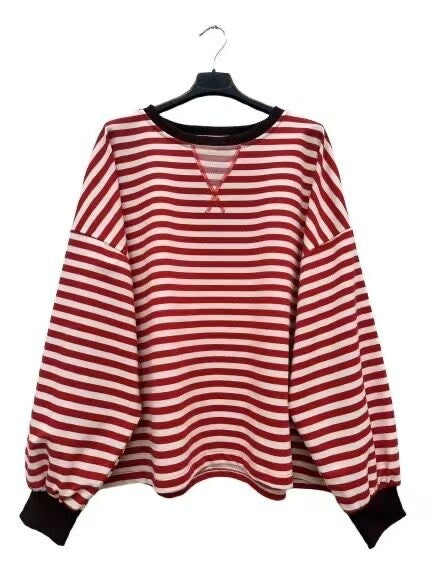 Red striped sweater with dark brown trim over sized 100 % cotton made in Italy 