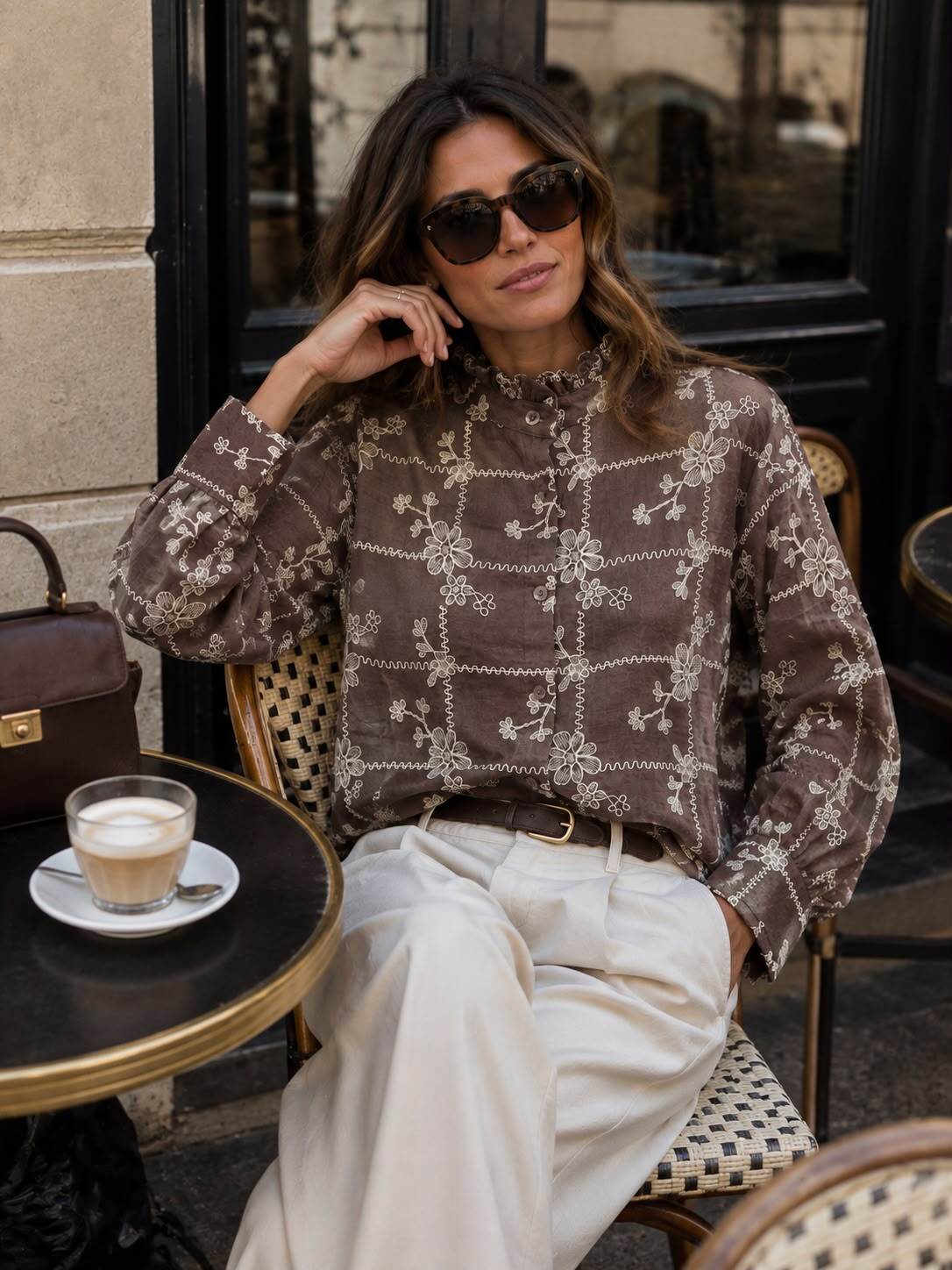 Embroideried ruffled blouse chocolate