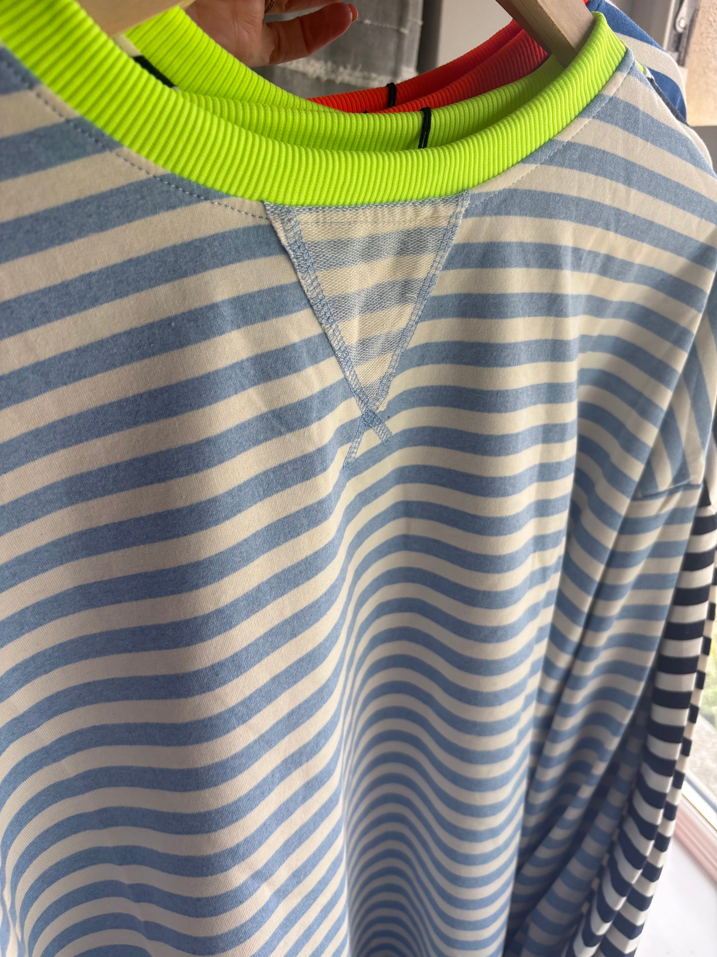 Striped Baby Blue/ Neon Yellow trim Sweater