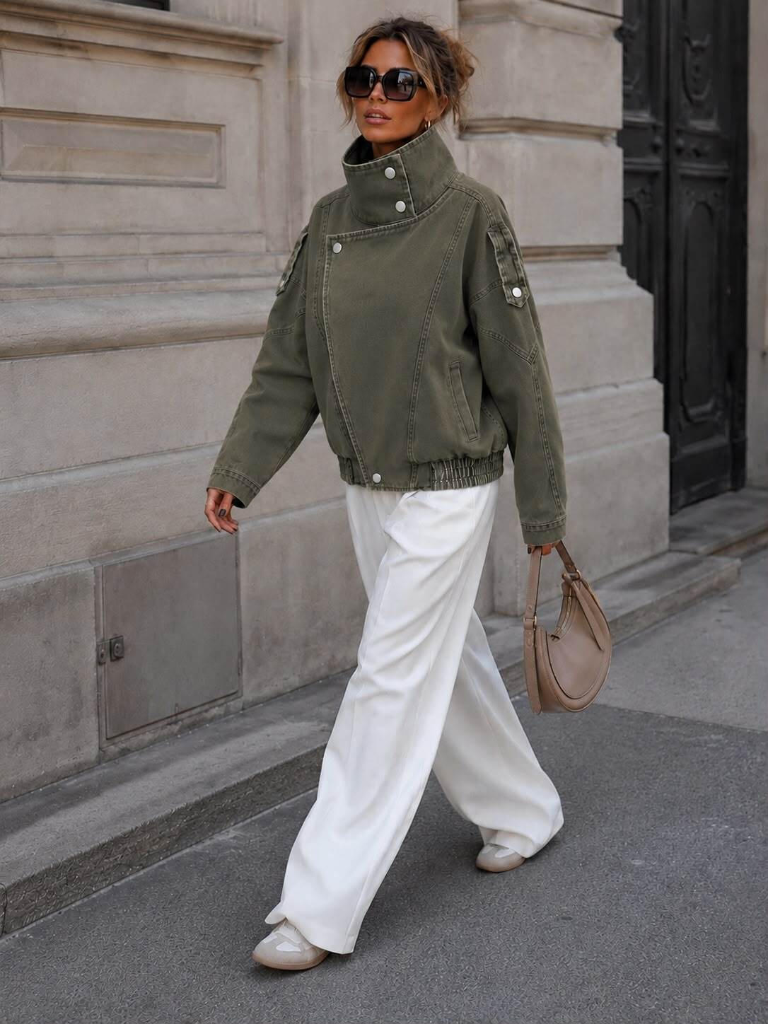 Khaki denim biker jacket