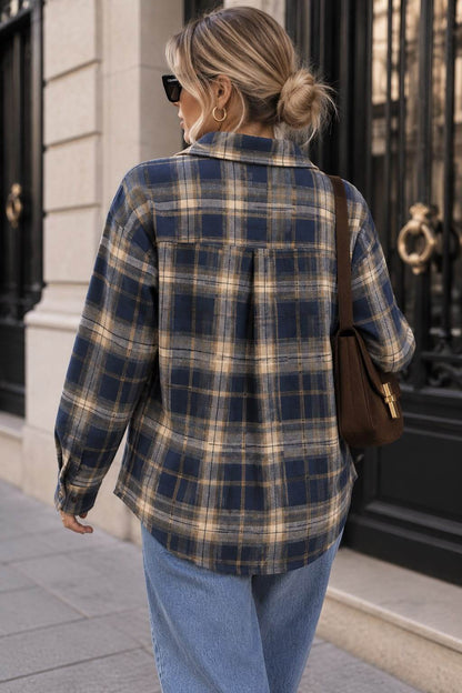 Plaid navy shirt with lace trim