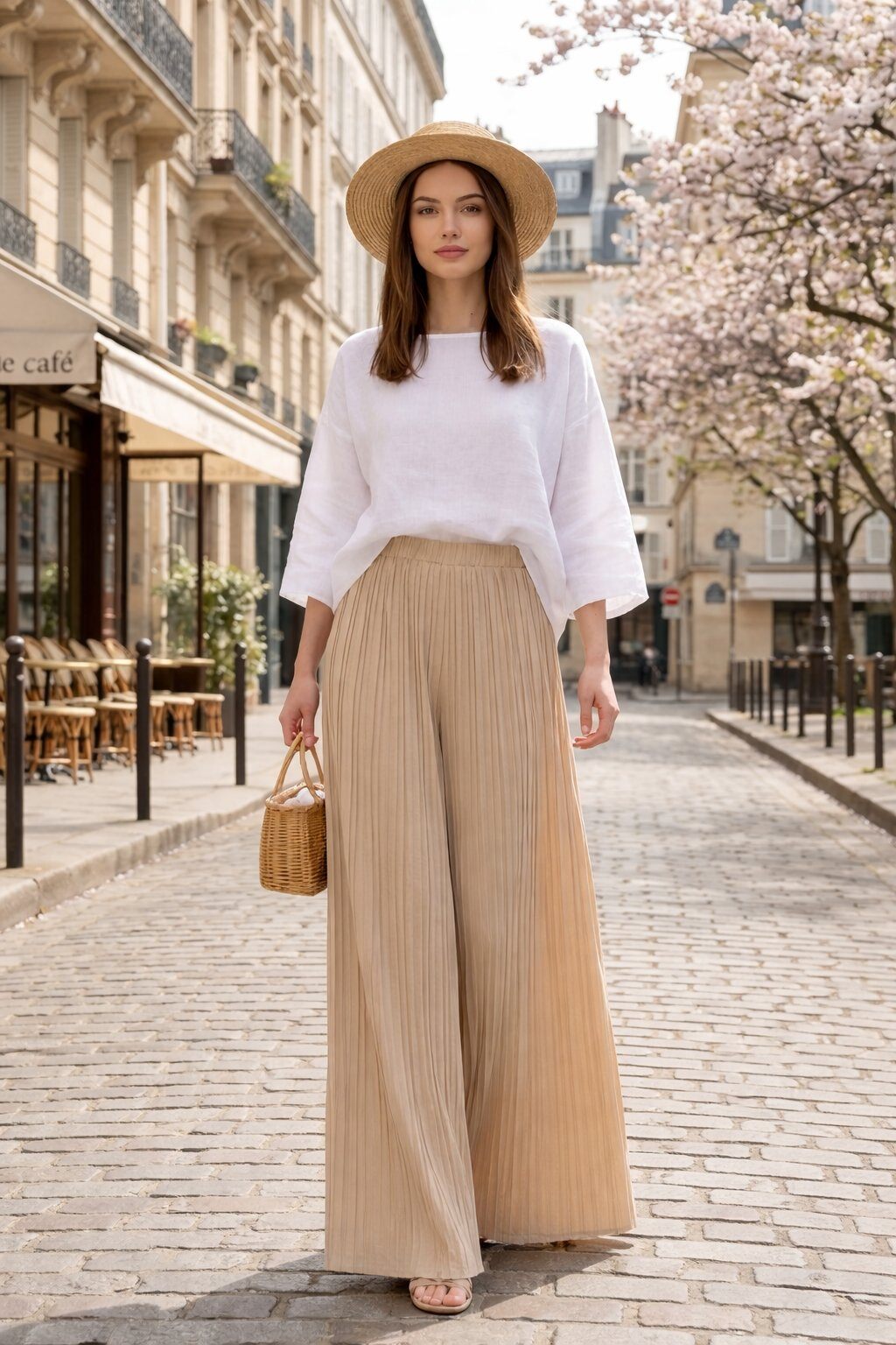 Pleated wide leg trousers beige perfect for spring 