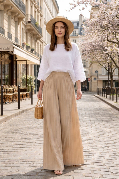 Pleated wide leg trousers beige perfect for spring 