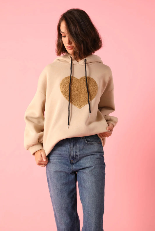 Beige hoody with camel colour heart on front comfortable and stylish 