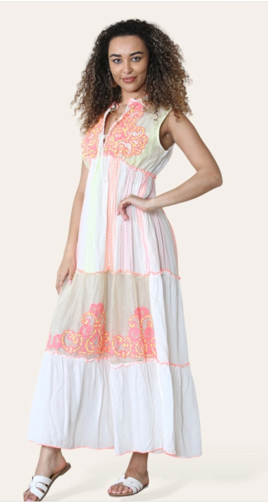 embroderie neon coloured stitching on white dress