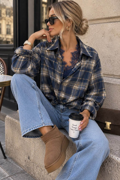 Plaid navy shirt with lace trim