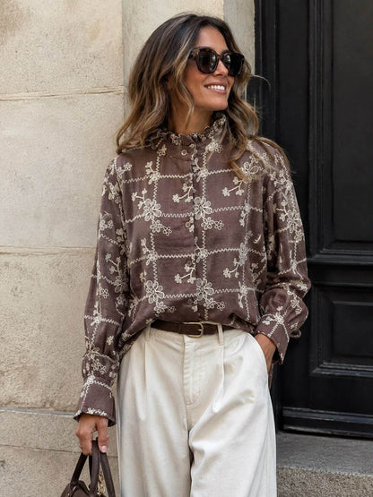 Embroideried ruffled blouse chocolate