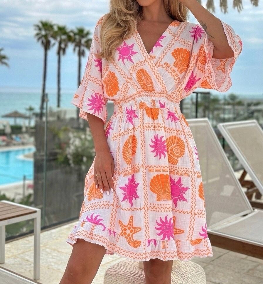 Seaside Print Coral Dress
