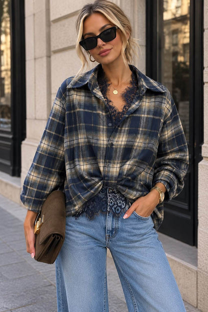 Plaid navy shirt with lace trim