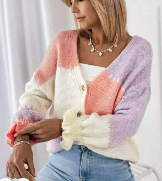 Block mix colour soft pink lavender and cream cardi frill
Sleeve 