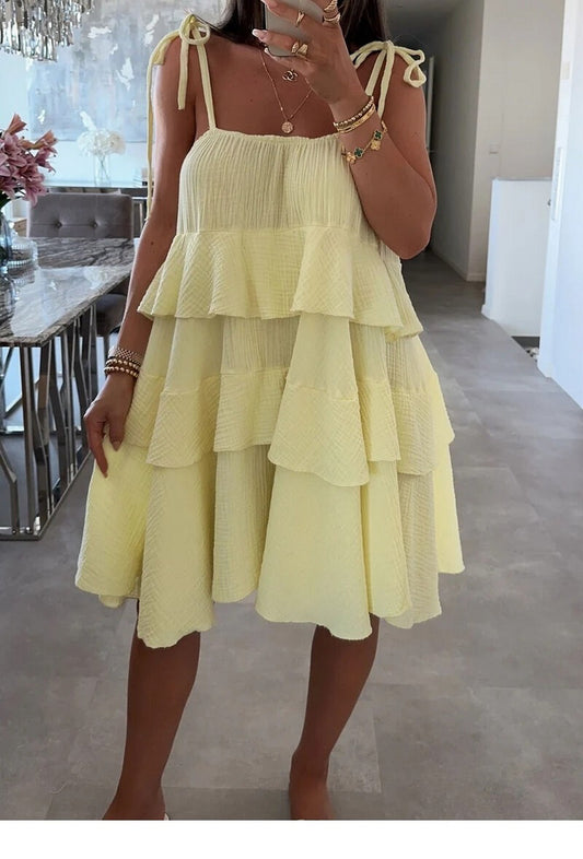 Lemon yellow tiered floaty this strap short dress 100 % cotton