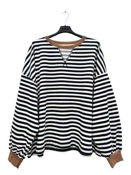 Striped navy sweater with light brown trim oversized 