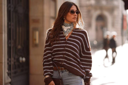 Striped Brushed Knit Choc/blue  Cardi