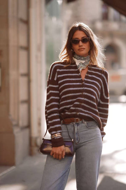 Striped Brushed Knit Choc/blue  Cardi