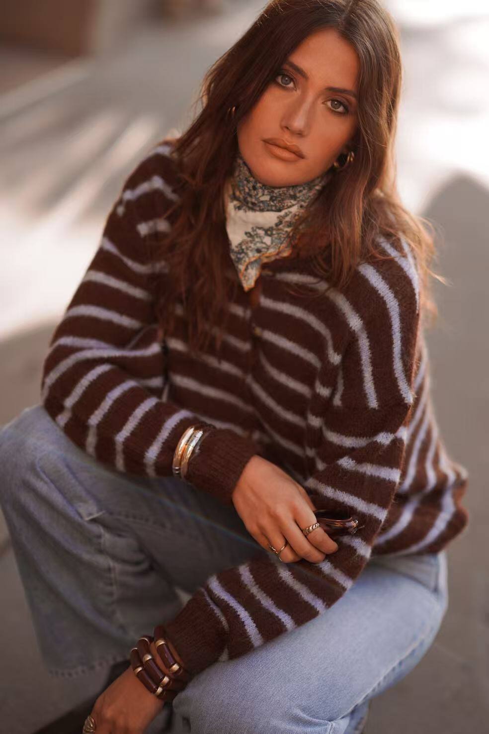 Striped Brushed Knit Choc/blue  Cardi