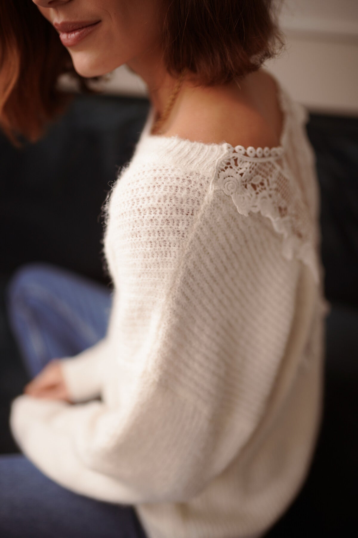 Ecru Sweater with Lace Back Bohemian Style